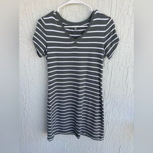 Talbots Olive and White Striped V-Neck Mini Dress